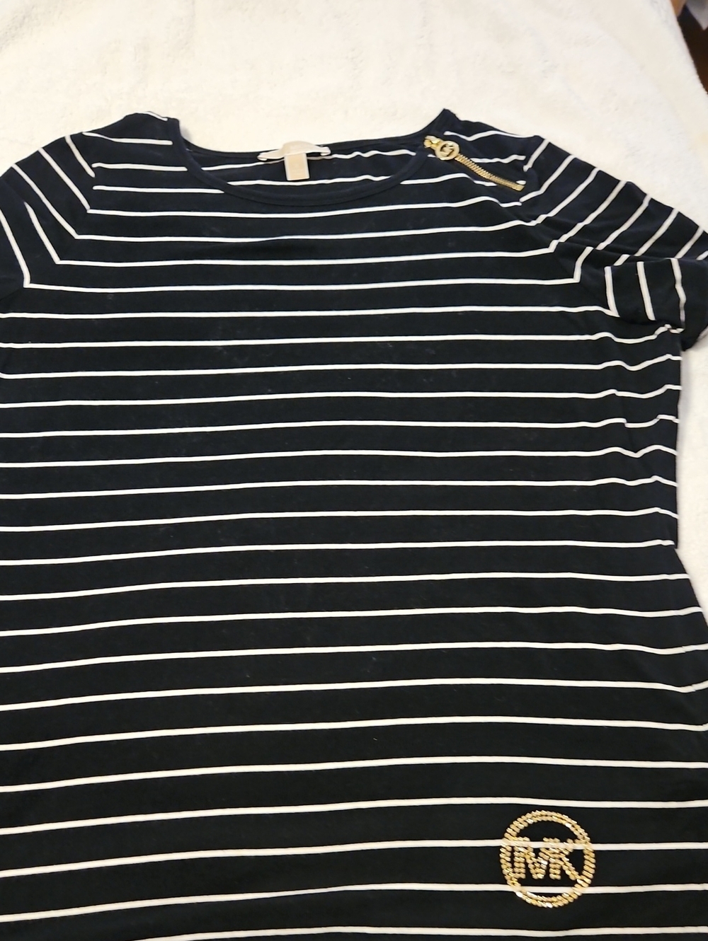 Michael Kors Black and White Striped Short Sleeve Tee with Gold Emblem